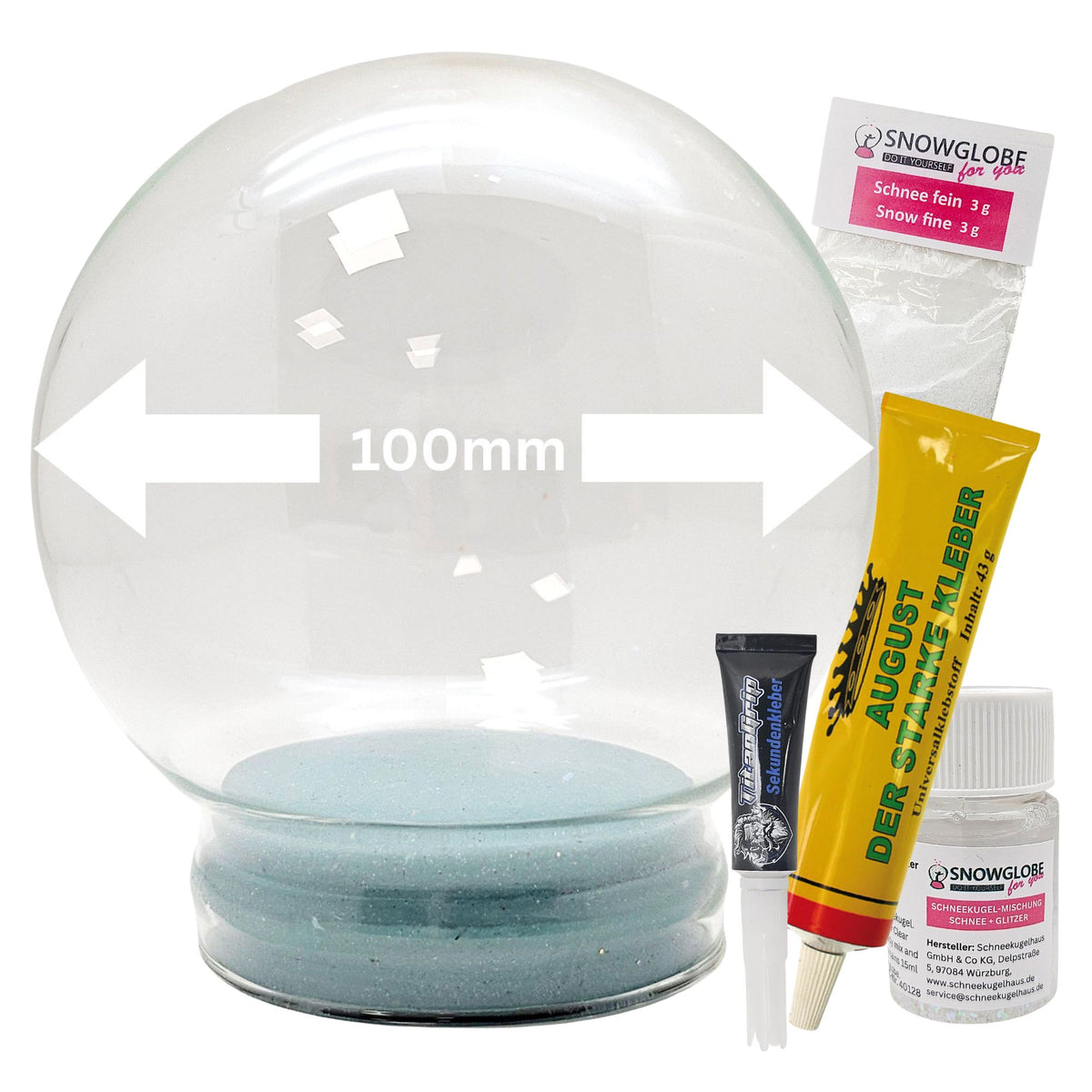 DIY-Reparatur-Komplettset für Glas-Schneekugel 100 x 110 mm mit Schnee, Kleber, Sekundenkleber und Fertigmischung Glitzer