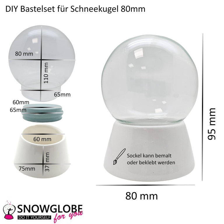 80mm - Do - it - Yourself Schneekugel mit Glas und Porzellan - Sockel - Schneekugelhaus