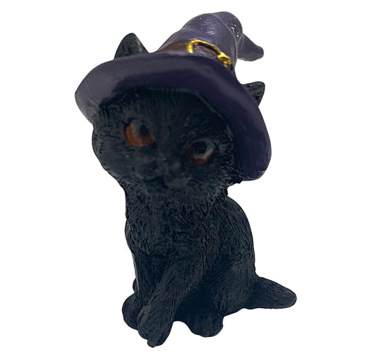 Hexen-Katzen Figur "neugierig mit lila Hut" - 45 x 65 mm