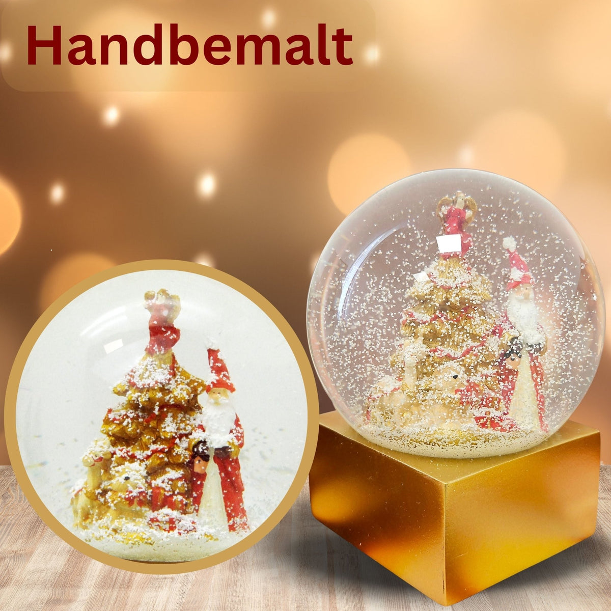 Designer Schneekugel Weihnachtsmann Christbaum rot gold Sockel gold eck PURE - Line 12 cm Durchmesser - Schneekugelhaus