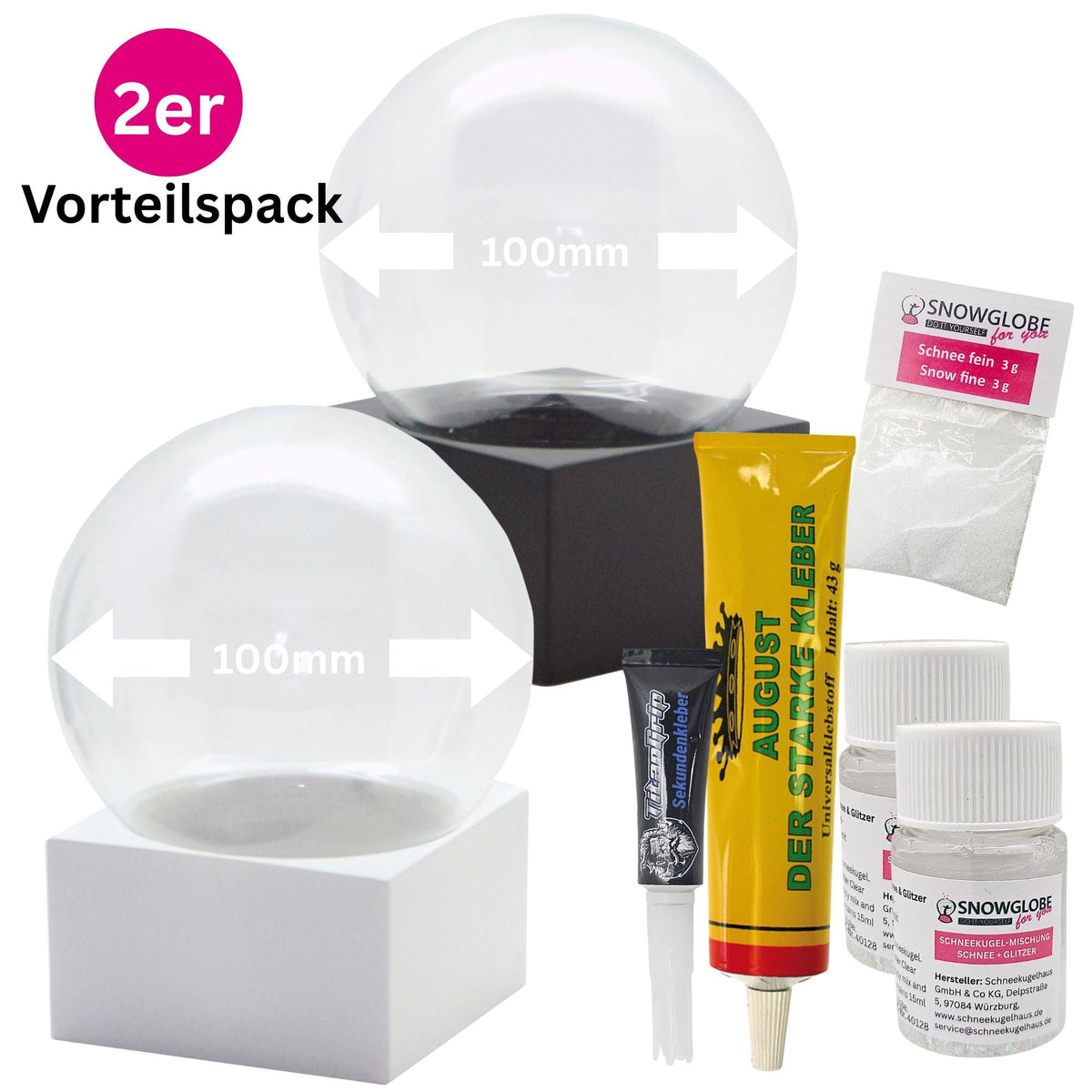 DIY-Komplett-Bastelset für Glas-Schneekugel 100x120mm weiß mit Schnee, Glitzer, Wasserklar & Kleber - Schneekugelhaus