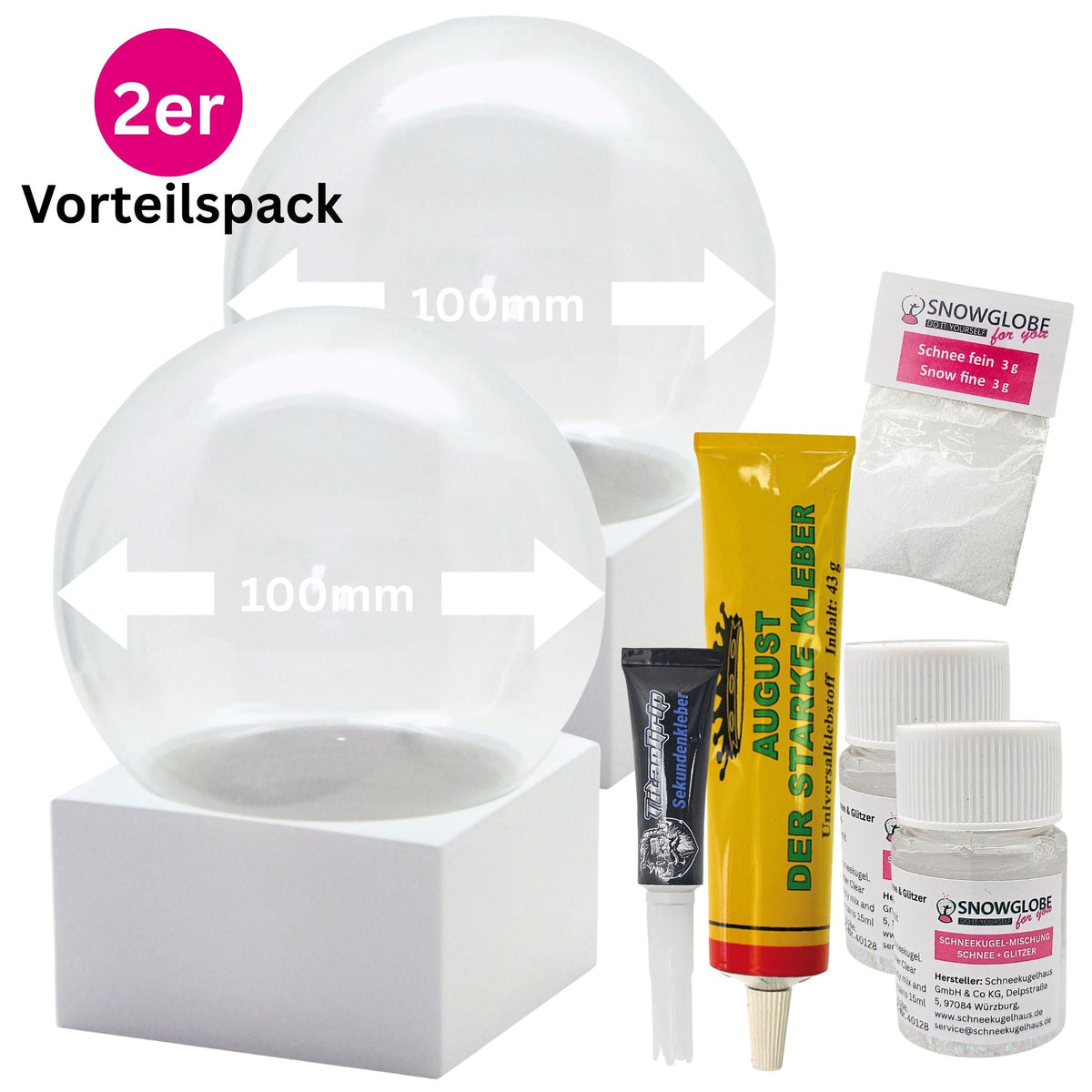 DIY-Komplett-Bastelset für Glas-Schneekugel 100x120mm weiß mit Schnee, Glitzer, Wasserklar & Kleber - Schneekugelhaus