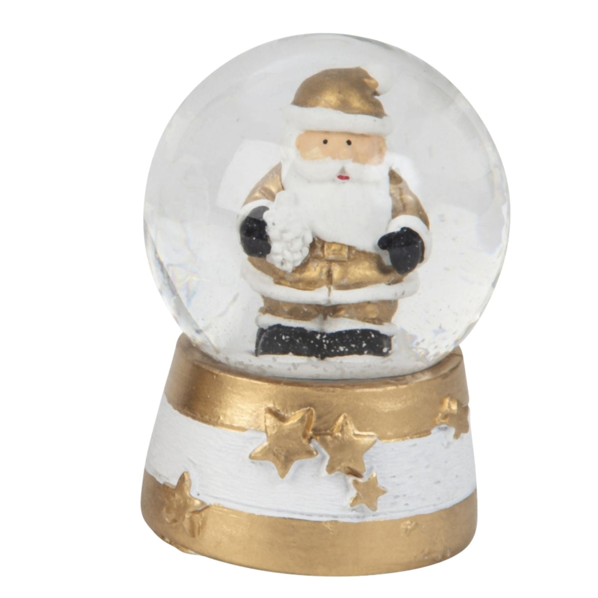 Moderne Mini - Schneekugel Weihnachtsmann gold weiß auf Sockel gold weiß Sterne B: 45mm - Schneekugelhaus