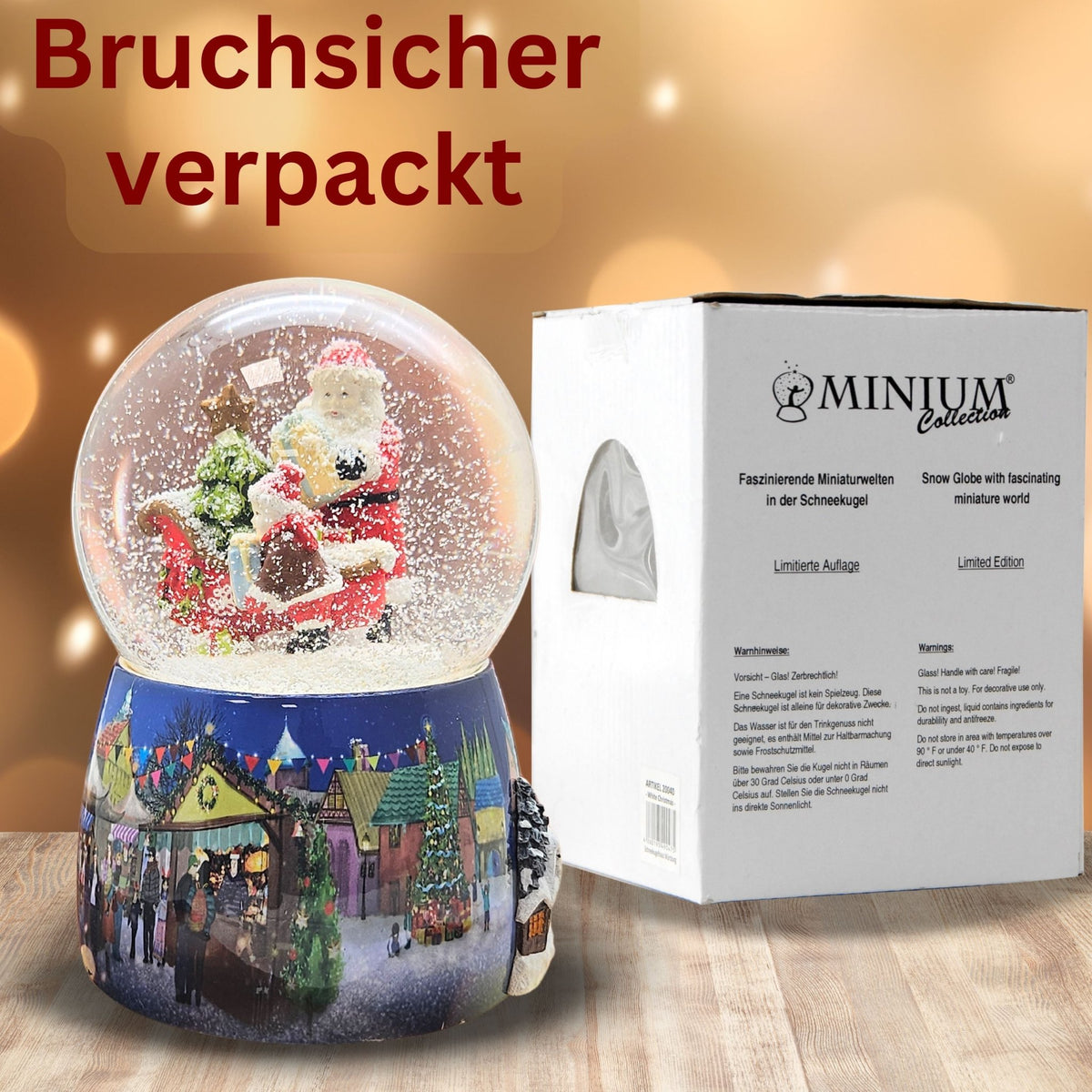 Nostalgie - Schneekugel mit Weihnachtsmann mit Schlitten mit Spieluhr 100 mm Durchmesser - Schneekugelhaus