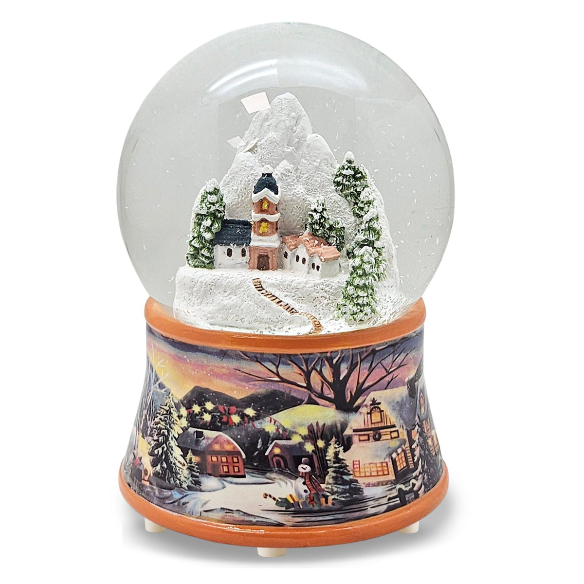 Nostalgische Schneekugel Bergdorf auf Sockel Winterlandschaft ocker Rand 100 mm Durchmesser mit Spieluhr - Schneekugelhaus