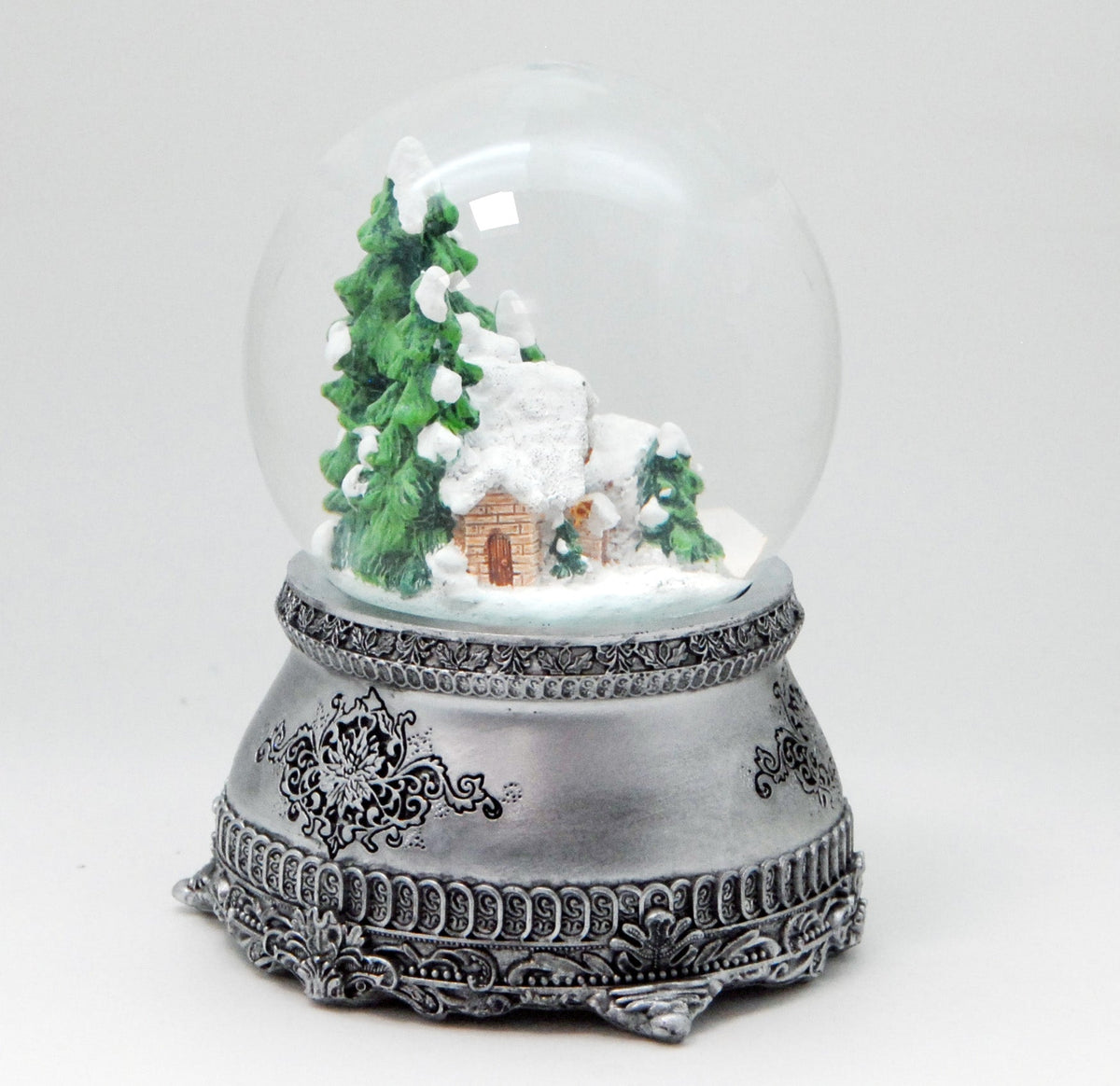 Nostalgische Schneekugel Hüttenzauber Berghütte auf Zinn - Sockel 100 mm Durchmesser mit Spieluhr - Schneekugelhaus