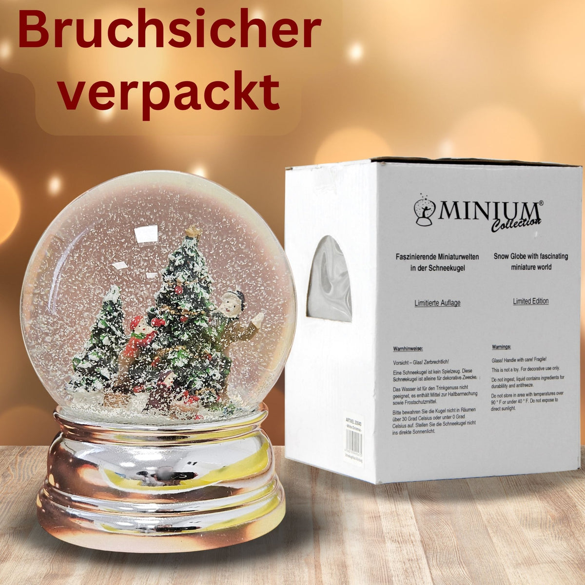 Schneekugel Christbaum schmücken auf Sockel silber rund geschwungen 10 cm Durchmesser - Schneekugelhaus