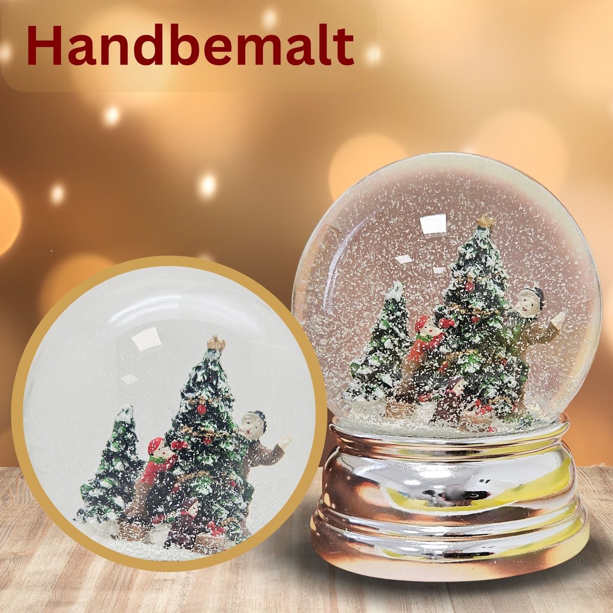 Schneekugel Christbaum schmücken auf Sockel silber rund geschwungen 10 cm Durchmesser - Schneekugelhaus