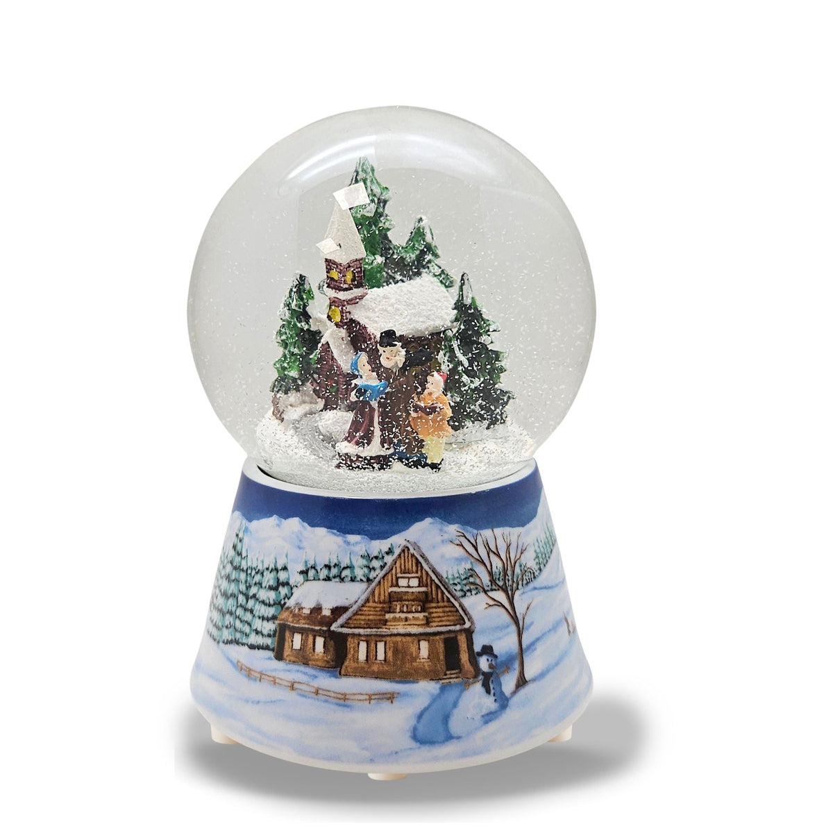 Schneekugel Weihnachtsspaziergang auf Sockel Winterlandschaft mittelblau mit Spieluhr 10 cm Durchmesser - Schneekugelhaus