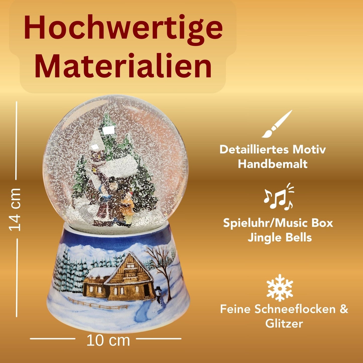 Schneekugel Weihnachtsspaziergang auf Sockel Winterlandschaft mittelblau mit Spieluhr 10 cm Durchmesser - Schneekugelhaus