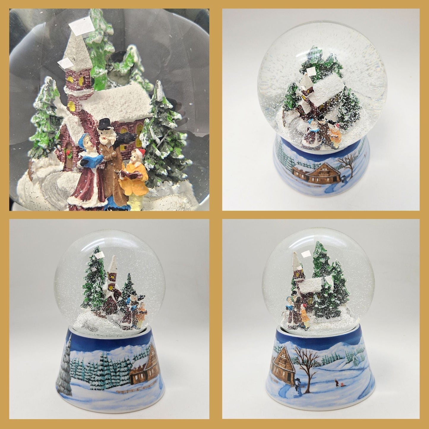 Schneekugel Weihnachtsspaziergang auf Sockel Winterlandschaft mittelblau mit Spieluhr 10 cm Durchmesser - Schneekugelhaus