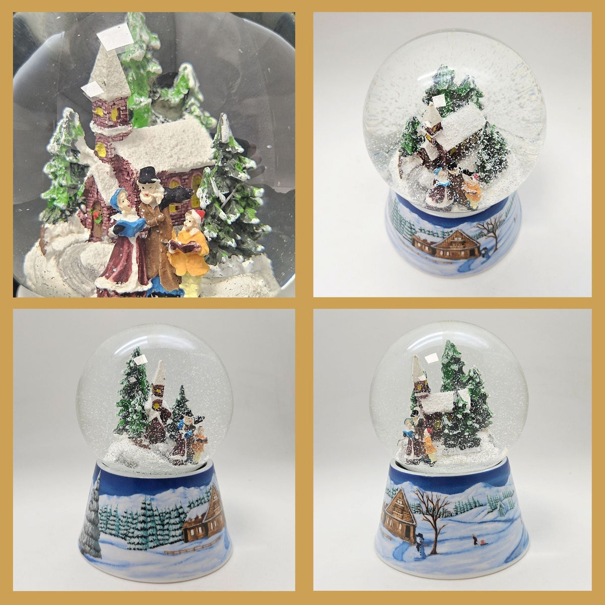 Schneekugel Weihnachtsspaziergang auf Sockel Winterlandschaft mittelblau mit Spieluhr 10 cm Durchmesser - Schneekugelhaus