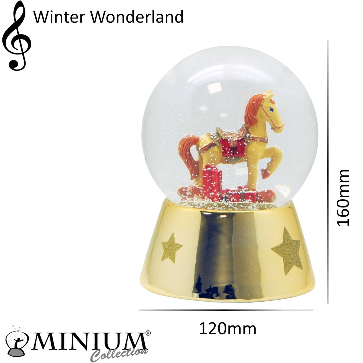 Schöne Schneekugel Schaukelpferd mit Geschenken auf Sockel gold mit rotem Dekor mm Durchmesser mit Spieluhr - Schneekugelhaus