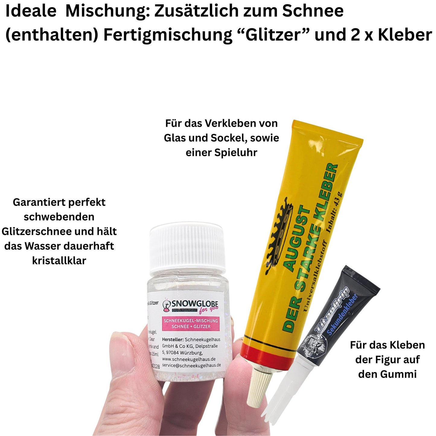 DIY-Reparatur-Komplettset für Glas-Schneekugel 100 x 110 mm mit Schnee, Kleber, Sekundenkleber und Fertigmischung Glitzer