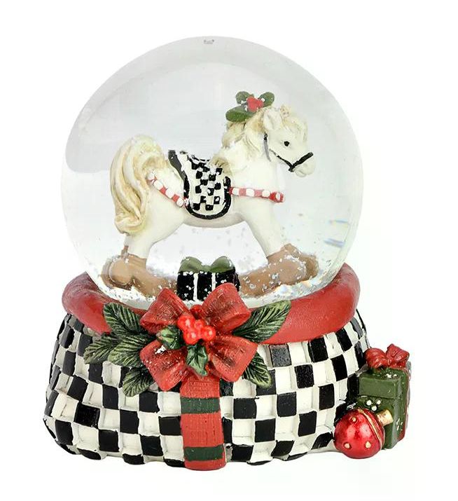 Stylische Schneekugel Schaukelpferd im Karo-Look 65mm Durchmesser - Schneekugelhaus