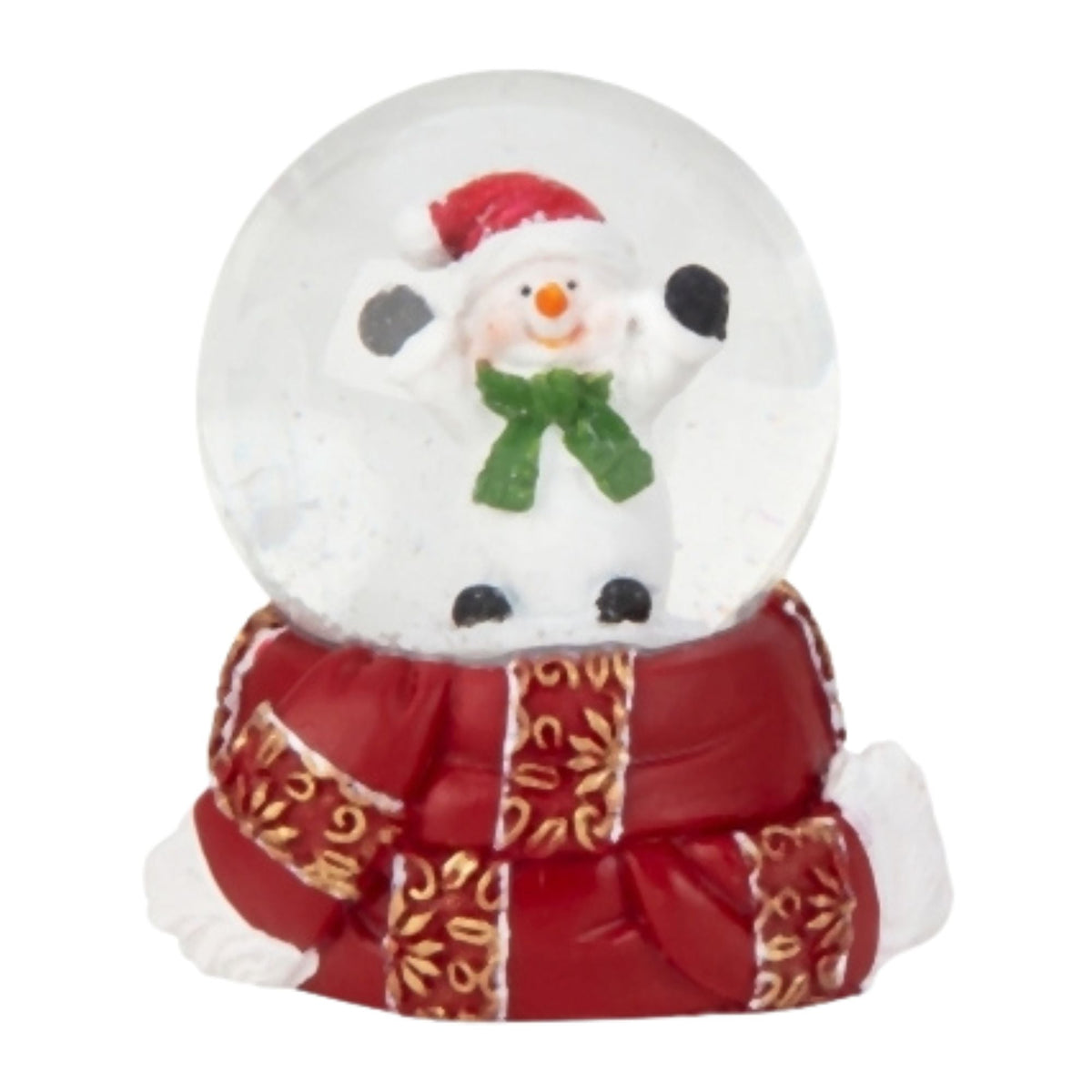 Süße Mini - Schneekugel Schneemann grüner Schal auf Sockel rot gold Winterschal B: 45mm - Schneekugelhaus
