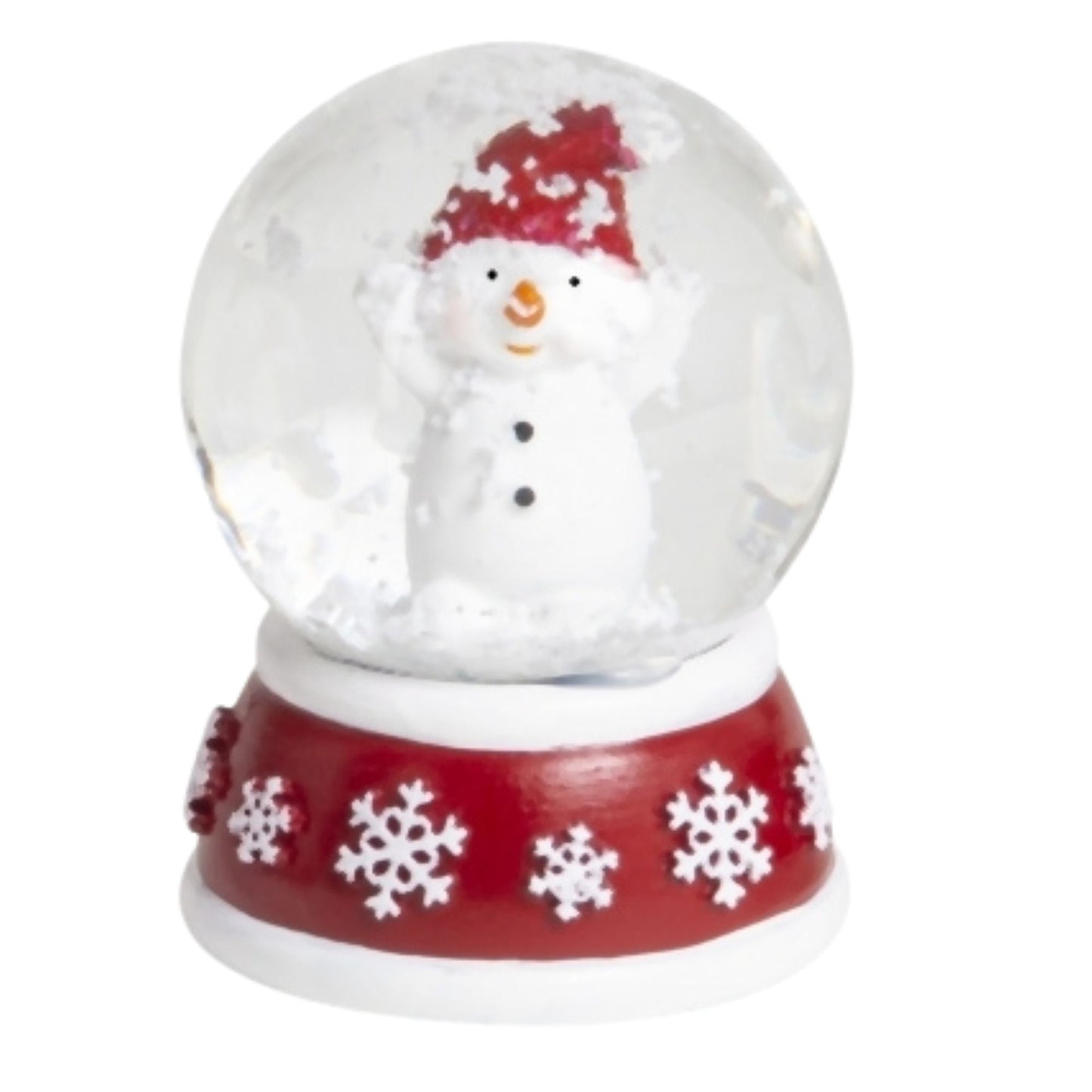 Süße Mini - Schneekugel Schneemann Hände hoch auf Sockel rot weiße Schneeeflocke B: 45mm - Schneekugelhaus