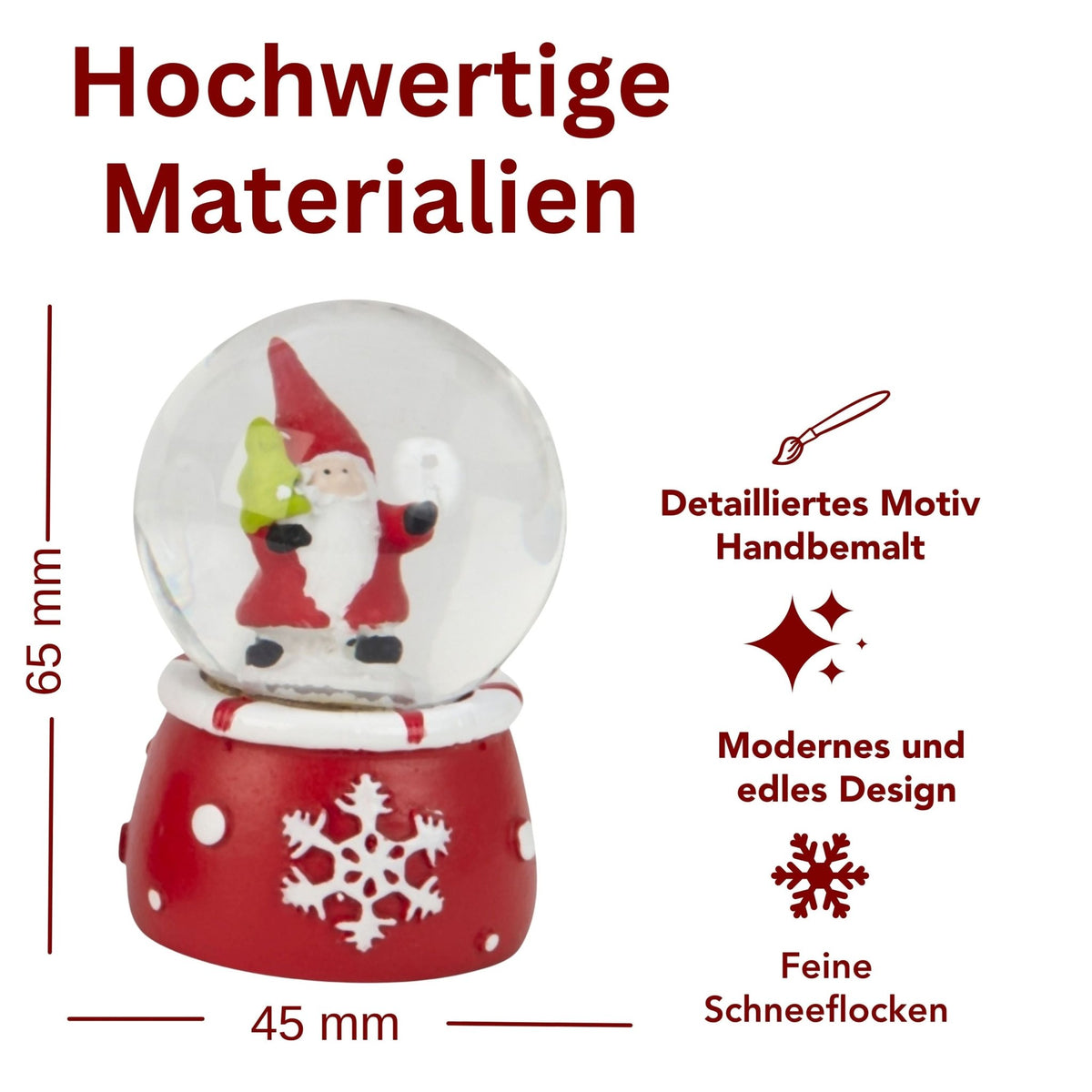 Süße Mini - Schneekugel Weihnachtsmann auf Sockel rot weiße Schneeeflocke B: 45mm - Schneekugelhaus