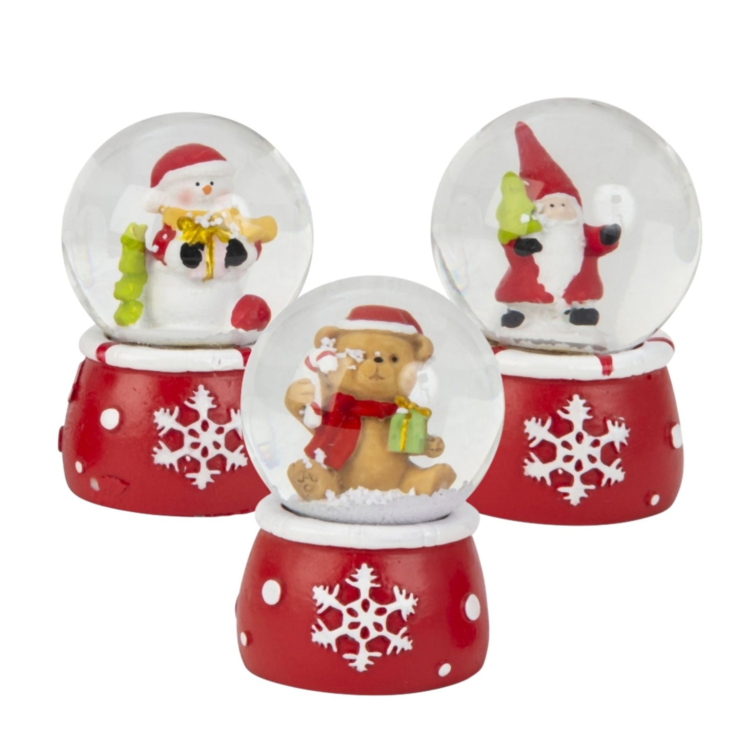 Süße Mini - Schneekugel Weihnachtsmann auf Sockel rot weiße Schneeeflocke B: 45mm - Schneekugelhaus