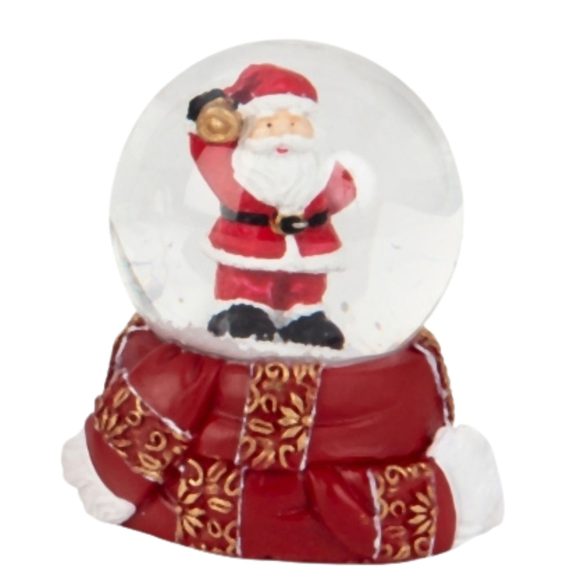 Süße Mini - Schneekugel Weihnachtsmann goldene Kugel auf Sockel rot gold Winterschal B: 45mm - Schneekugelhaus
