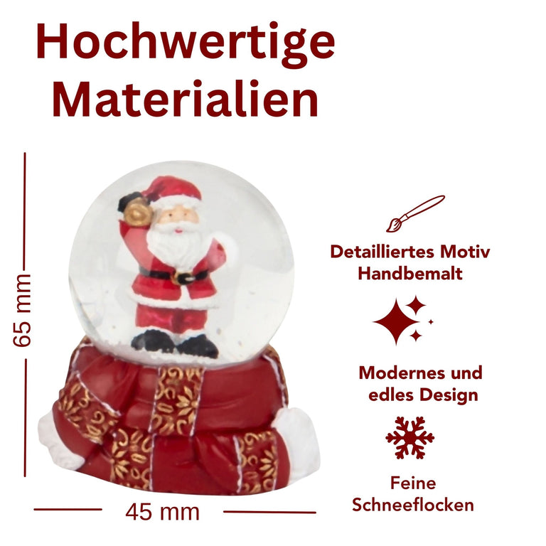 Süße Mini - Schneekugel Weihnachtsmann goldene Kugel auf Sockel rot gold Winterschal B: 45mm - Schneekugelhaus