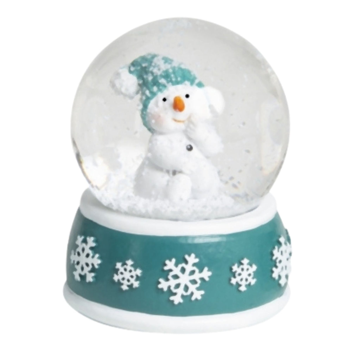 Süße Schneekugel Schneemann Hand am Mund auf Sockel türkis weiße Schneeflocke B: 65mm - Schneekugelhaus