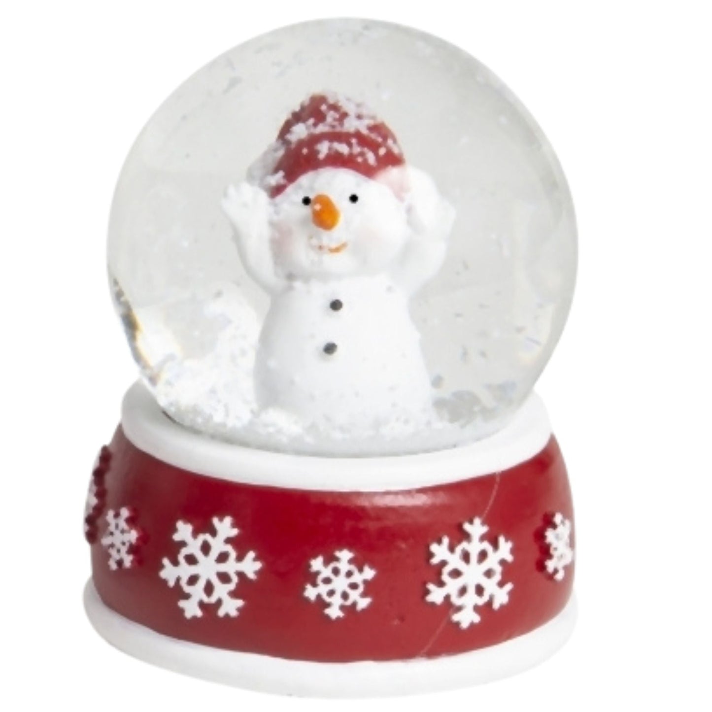 Süße Schneekugel Schneemann Hände hoch auf Sockel rot weiße Schneeflocke B: 65mm - Schneekugelhaus