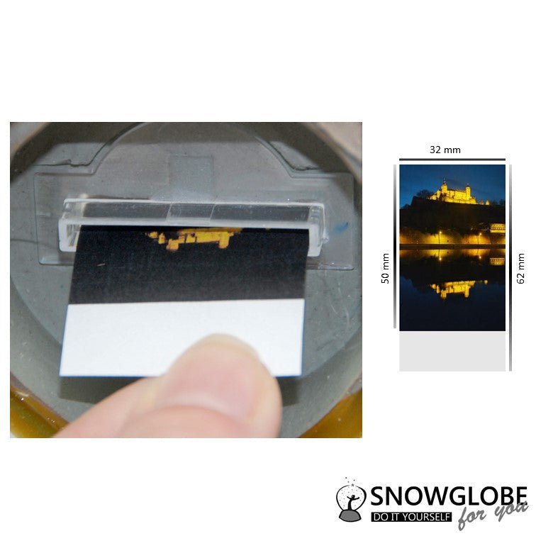 Bastelset mit 100mm Glas für DIY-Schneekugel mit Fotoeinsatz mit Polyresin-Sockel schwarz eckig - Schneekugelhaus