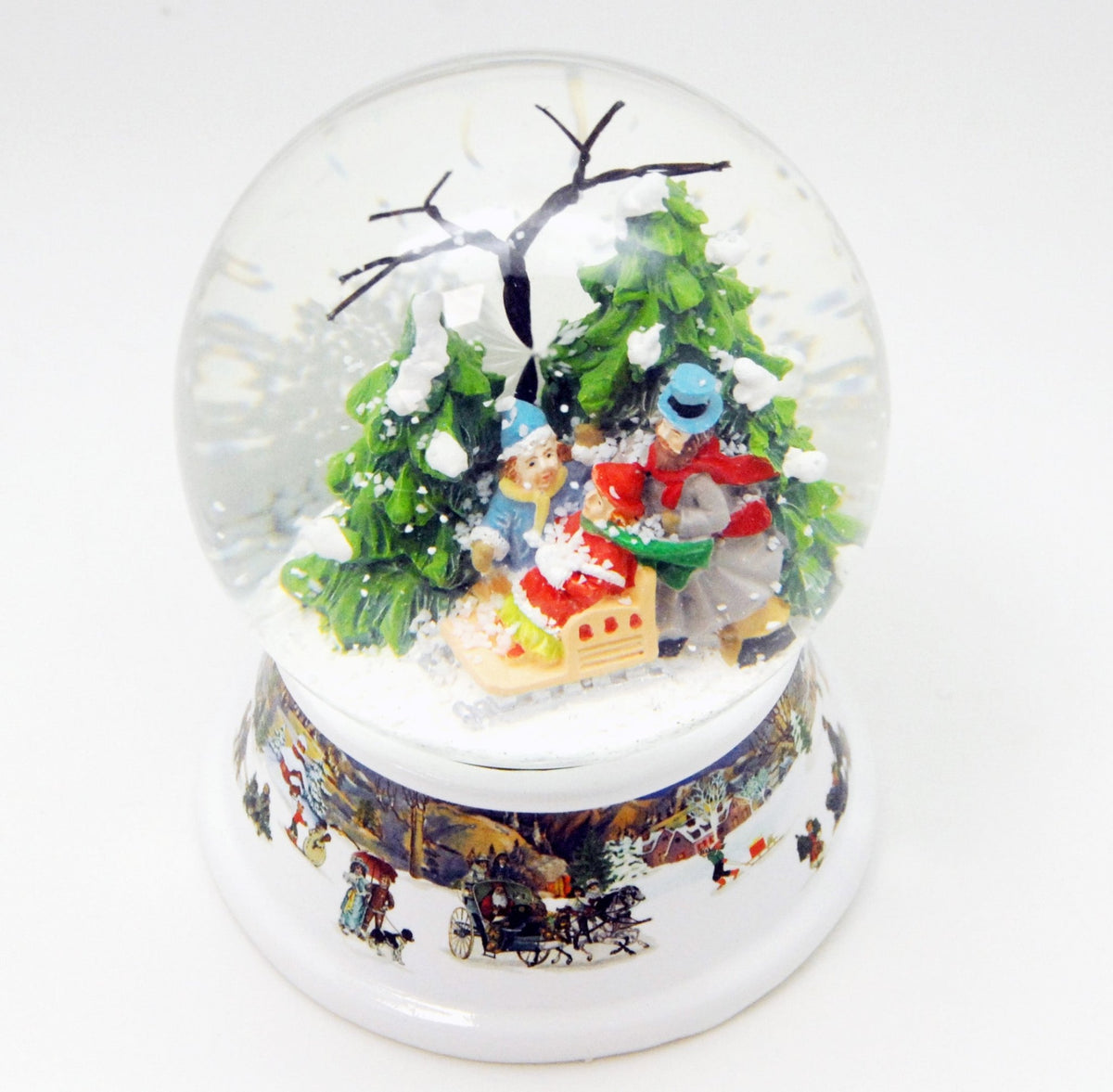 Schneekugel Familienspaziergang im Winterwald auf Sockel nostalgische Winterlandschaft mit Spieluhr 10 cm Durchmesser - Schneekugelhaus