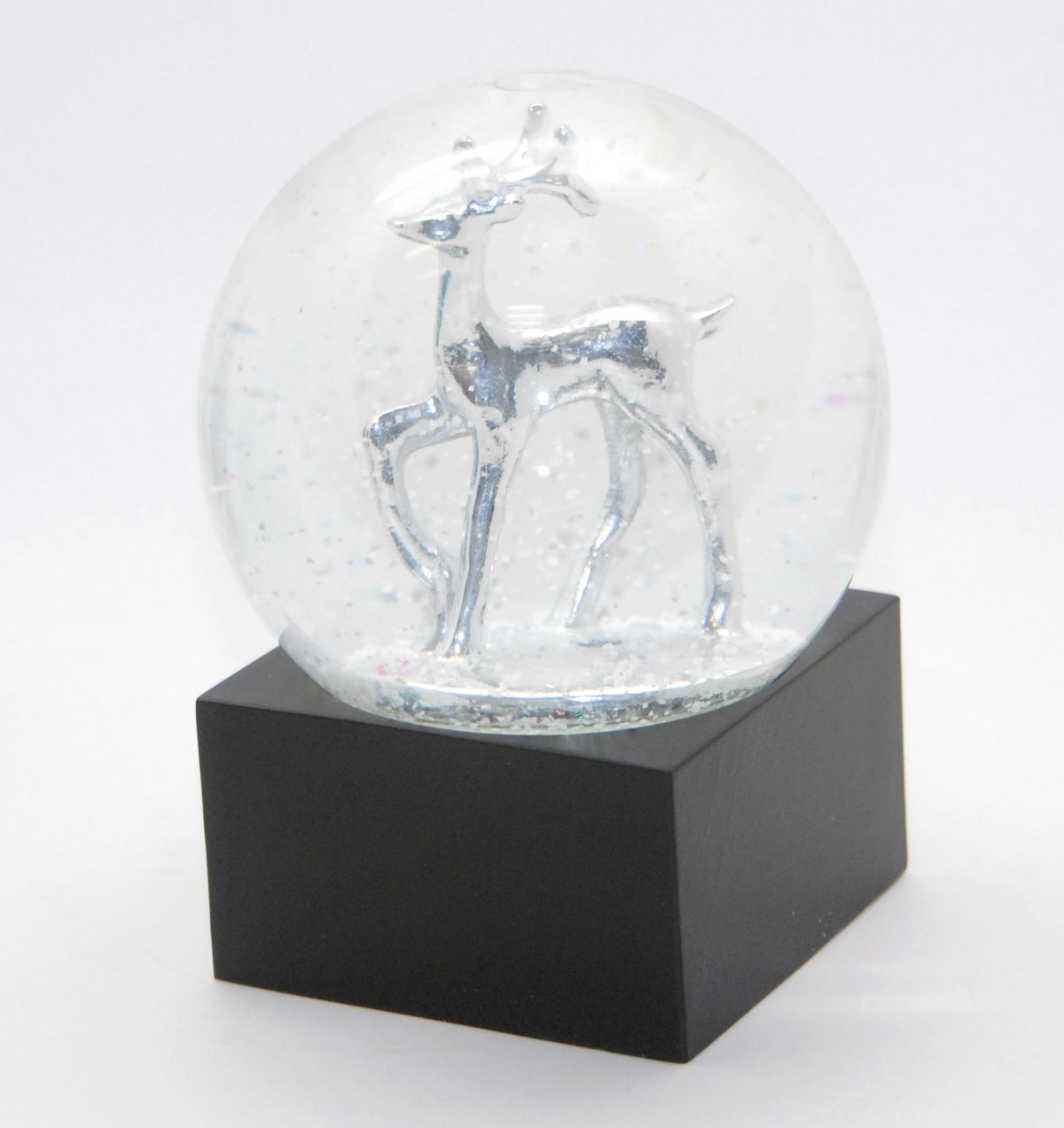 Schneekugel Reh silber auf Sockel schwarz eckig "PURE-Line" 10 cm Durchmesser - Schneekugelhaus