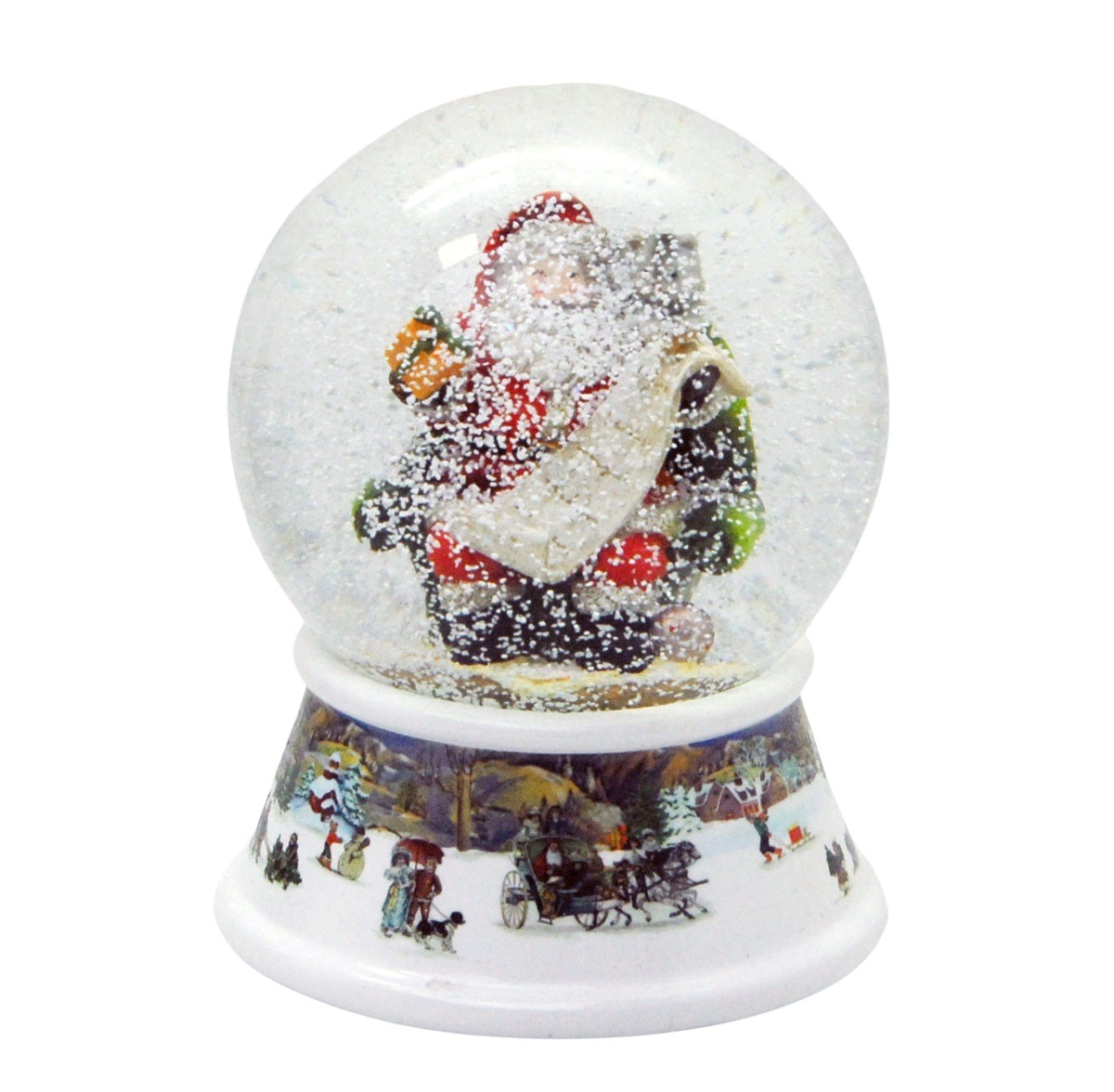 Schneekugel Weihnachtsmann mit Geschenkeliste auf Sockel nostalgische Schneelandschaft mit Spieluhr - Schneekugelhaus