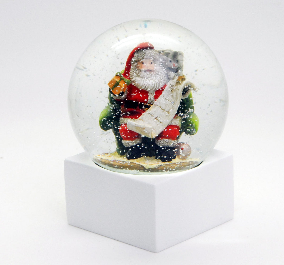 Schneekugel Weihnachtsmann mit Geschenkeliste auf Sockel weiß eckig "PURE-Line" 10 cm Durchmesser - Luftblase - Schneekugelhaus