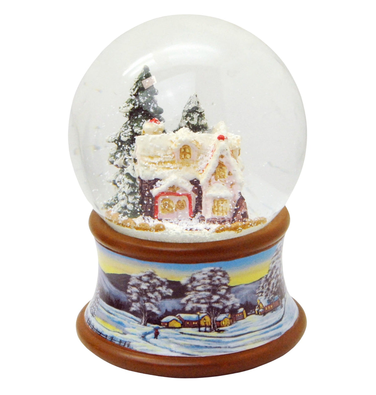 Schneekugel Zuckerbäckerhaus Winterwald auf Sockel Winterlandschaft braun mit Spieluhr - Schneekugelhaus